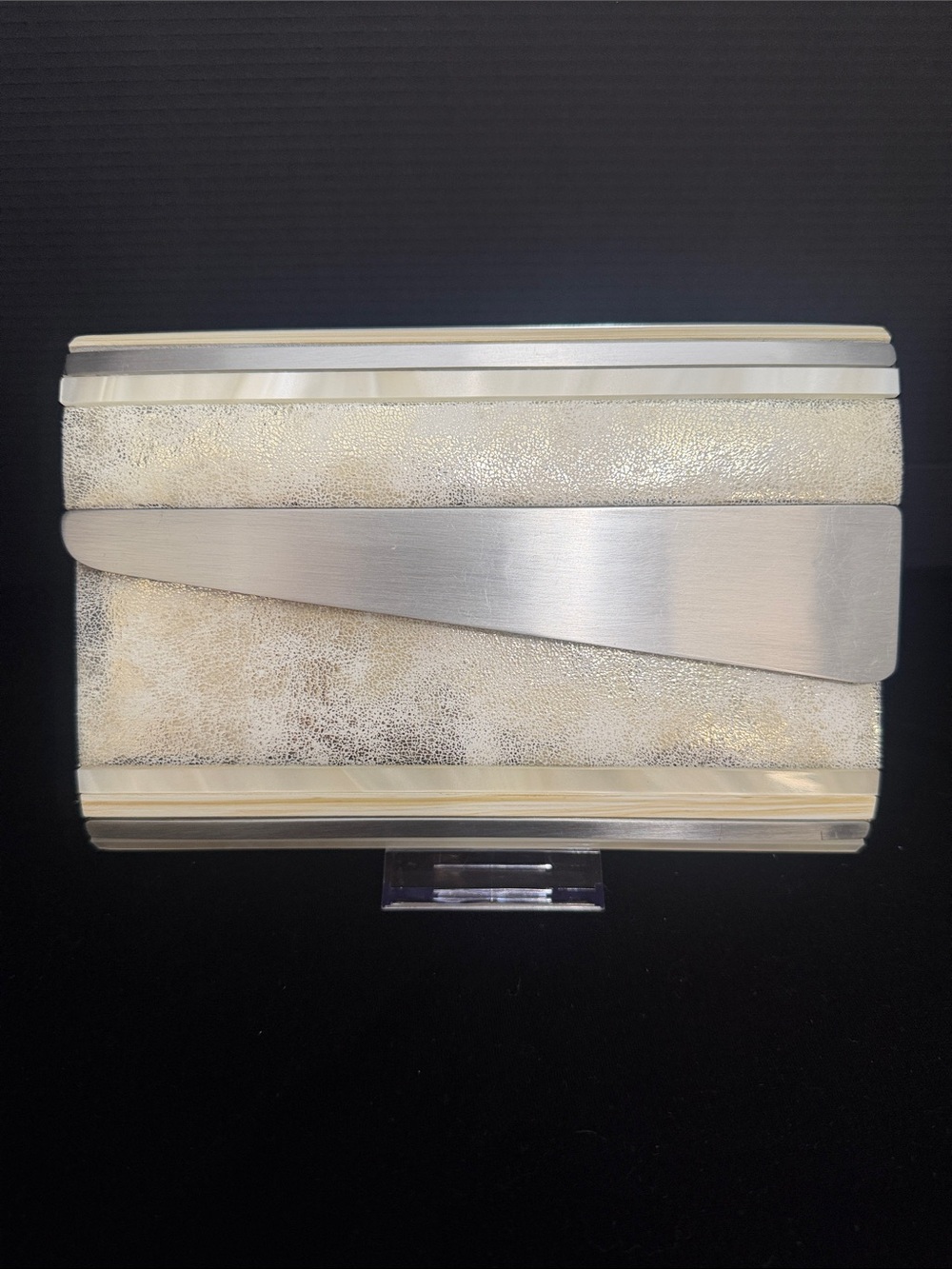 Sondra Roberts Silver and Ivory Metallic Textured Evening Clutch